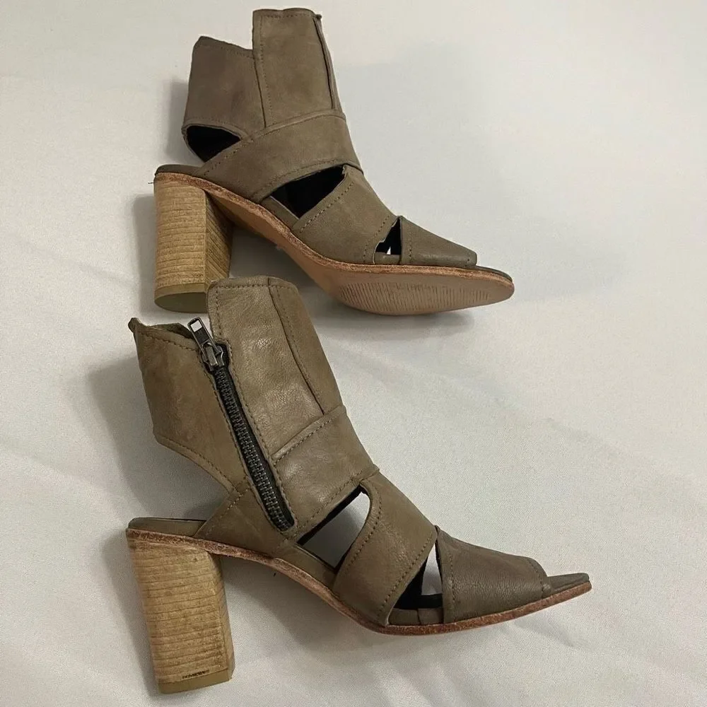 Free People Effie Taupe Leather Peep Toe Ankle Heels Sandal Bootie Size 38 US 8